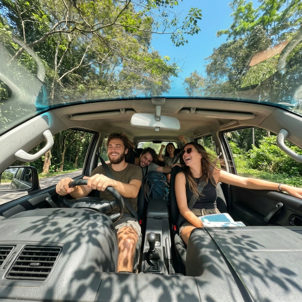 Personas felices compartiendo carro en un viaje